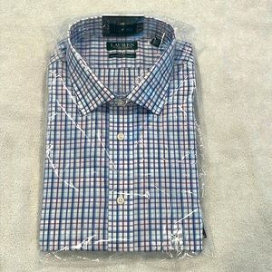 Men’s Dress Shirt. White with blue and purple strips.